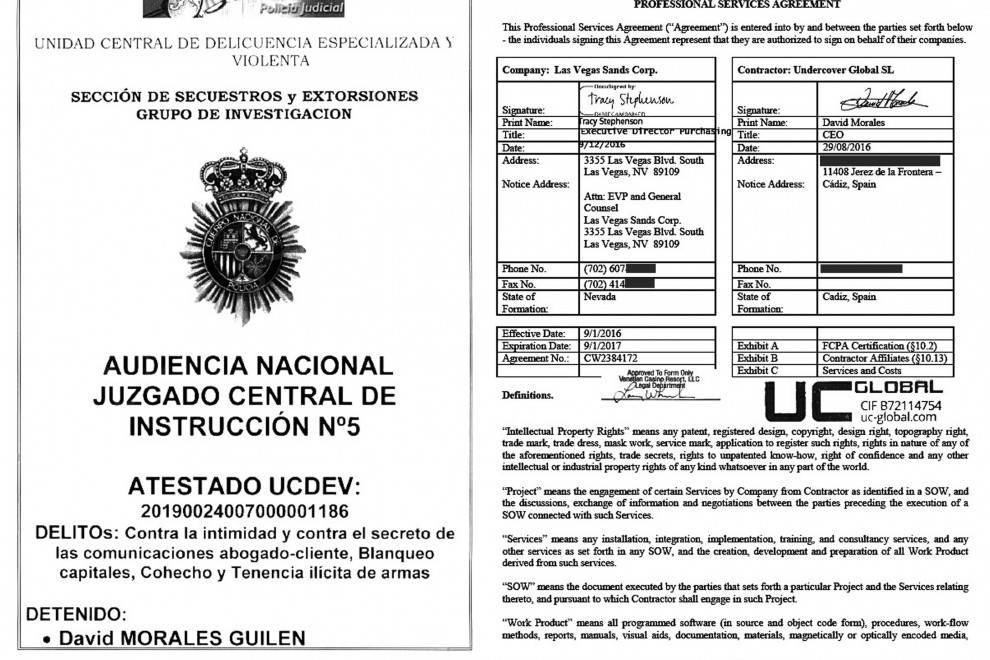 A la izquierda, el informe policial del caso contra Morales. A la derecha, el contrato de Morales con Adelson.