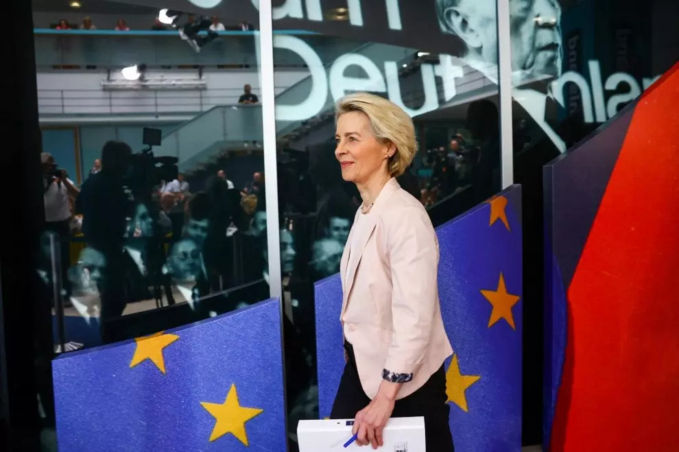 La presidenta en funciones de la Comisión Europea, Ursula von der Leyen, en una reunión de su partido, el CDU alemán, en Berlín, el día después de las elecciones al Parlamento Europeo. — Nadja Wohlleben / REUTERS