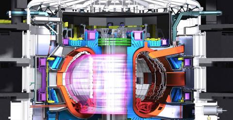 Representación gráfica del reactor Tokamak con el plasma de  isótopos de hidrógeno en su interior.  Mide 30 metros de alto y 29 de diámetro.