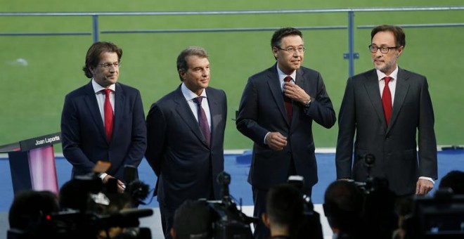 Los candidatos, comenzando por la izquierda: Toni Freixa, Joan Laporta, Agusti Benedito,  Agusti Benedito.