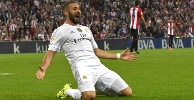 Karim Benzema celebra el primer tanto anotado ante el Athletic. - EFE