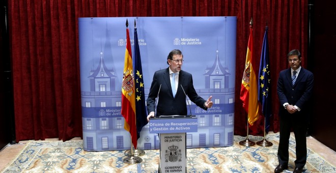 El presidente del Gobierno, Mariano Rajoy, durante su intervención en la inauguración de la Oficina de Recuperación y Gestión de Activos (ORA). EFE/Sergio Barrenechea