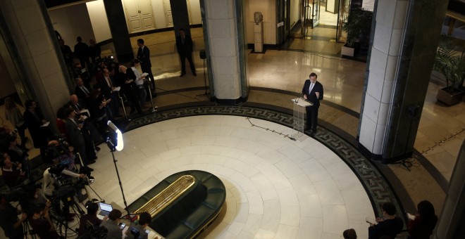 El presidente del Gobierno en funciones, Mariano Rajoy, durante su comparecencia ante los periodistas tras su reunión con el líder de Ciudadanos, Albert Rivera. REUTERS/Susana Vera