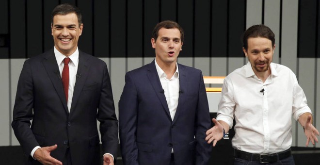 Pedro Sánchez, Albert Rivera y Pablo Iglesias, durante el debate a cuatro en televisión, el pasado 13 de junio. EFE