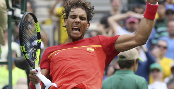 Nadal celebra su triunfo contra Gilles Simon en los cuartos de final. /REUTERS