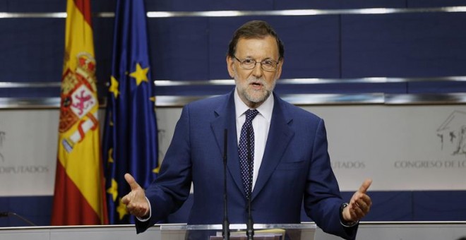 El presidente del Gobierno en funciones, Mariano Rajoy, durante la rueda de prensa tras su encuentro con Pedro Sánchez.- EFE/Mariscal