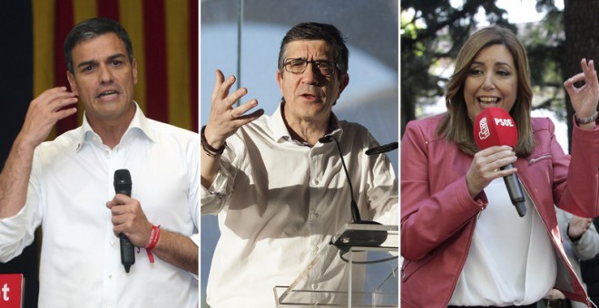 Pedro Sánchez, Patxi López y Susana Díaz, en actos de la precampaña de las primarias del PSOE. EFE