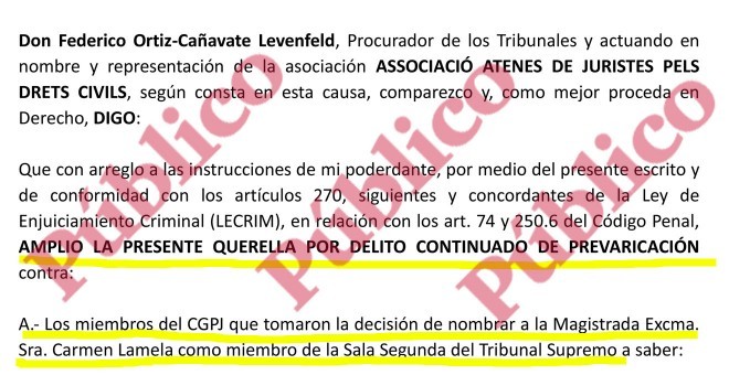 Inici de l'ampliació de la querella de l'Associació Atenes de Juristes contra el Consell General del Poder Judicial.