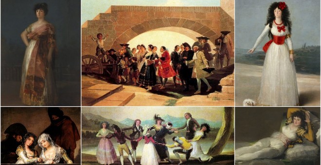 De izq a dcha, 'La Tirana', ‘La Boda’, ‘Retrato de la Duquesa de Alba’, ‘Las majas en el balcón’, ‘La gallina ciega’ y ‘La maja vestida’, obras de Goya.