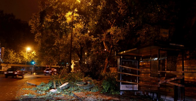 Árboles caídos y y mobiliario urbano destrozado por la tormenta Leslie en Lisboa, Portugal.- REUTERS