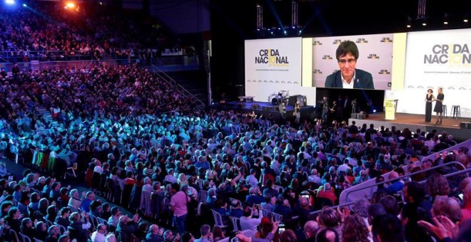 Convenció fundacional de la Crida Nacional per la República des de Manresa amb la participació de l'expresident a l'exili, Carles Puigdemont. EFE/Susanna Sáez