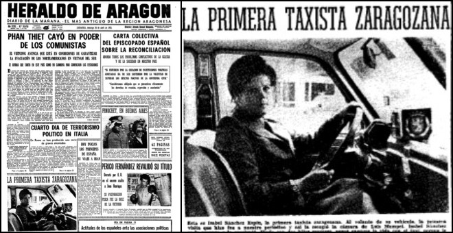 Portada del 'Heraldo' con Isabel Sánchez Espín, la primera taxista de Zaragoza, fotografiada por Luis Mompel.