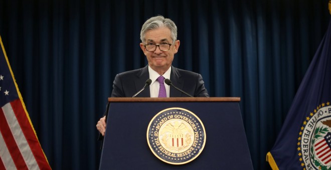 El presidente de la Reserva Federal de Estados Unidos, Jerome H. Powell, en la rueda de prensa tras la reunión del Comité de Mercado Abierno que ha dejado sin cambios los tipos de interés. REUTERS/Leah Millis