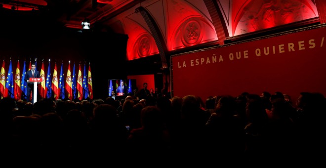 El secretario general del PSOE y presidente del Gobierno, Pedro Sánchez, durante su intervención en la presentación de las 110 principales medidas del programa electoral con el que los socialistas concurren a las elecciones del 28 de abril. EFE/Ballestero