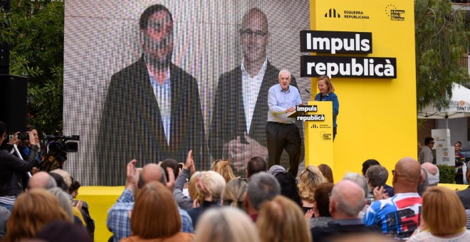 El míting d'ERC a Sant Vicenç dels Horts, amb Junqueras i Romeva intervint per videoconferència. MARC PUIG