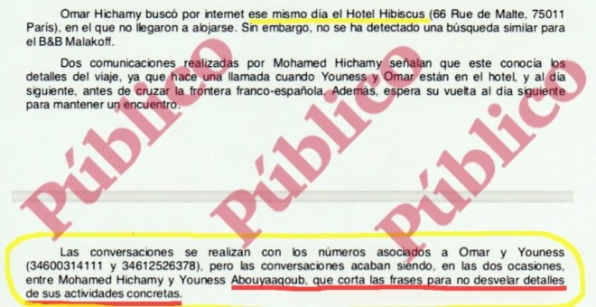 Descripció per part dels agents del CNI de les converses telefòniques entre Mohamed Hichamy i Younes Abouyaaqoub