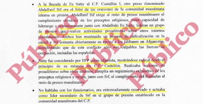 Fragmento del informe reservado del CNI sobre el extremismo islamista de Es Satty en la prisiÃ³n de CastellÃ³n.