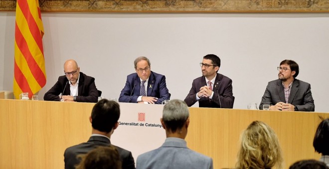 Roda de premsa durant la presentació d'Identicat, amb el president català, Quim Torra, i el conseller de Polítiques Digitals i Administració Pública, Jordi Puigneró.