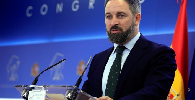 El líder de Vox, Santiago Abascal, durante una rueda de prensa en el Congreso. /EFE