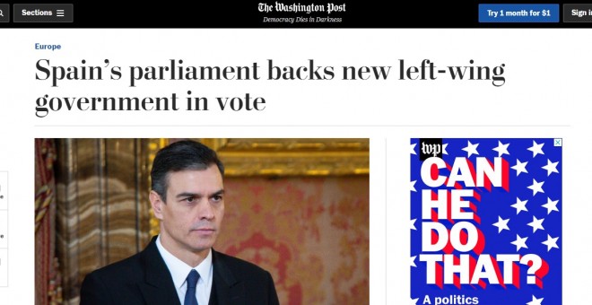 Captura de pantalla de la noticia sobre la investidura de Pedro Sánchez en el medio 'The Washington Post'