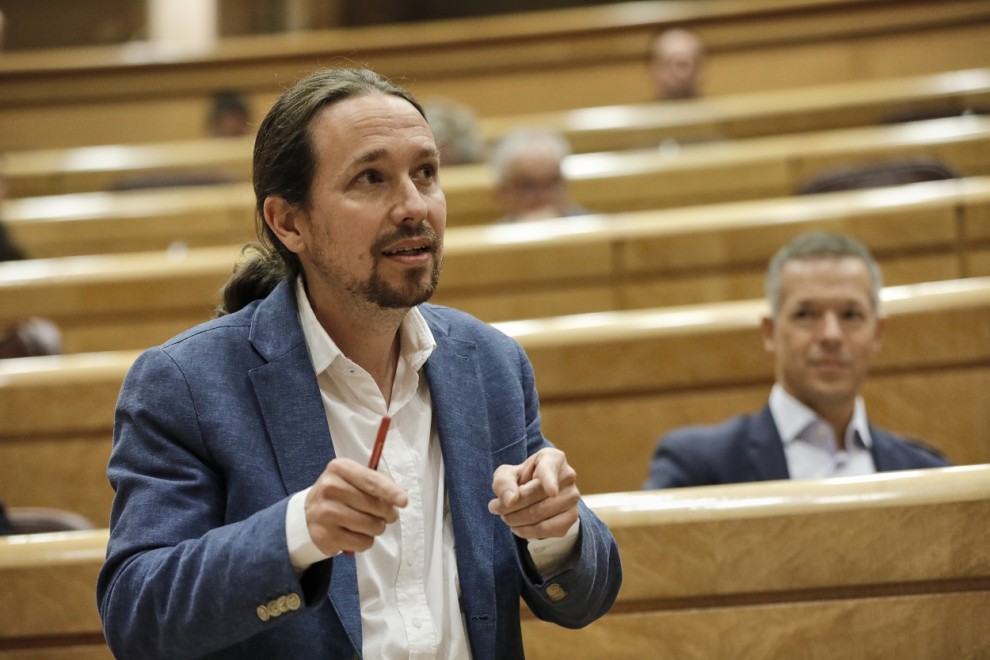 El vicepresidente segundo del Gobierno y líder de Podemos, Pablo Iglesias, durante su intervención en una sesión de control al Gobierno en el Senado. E.P./J. Hellín/Pool