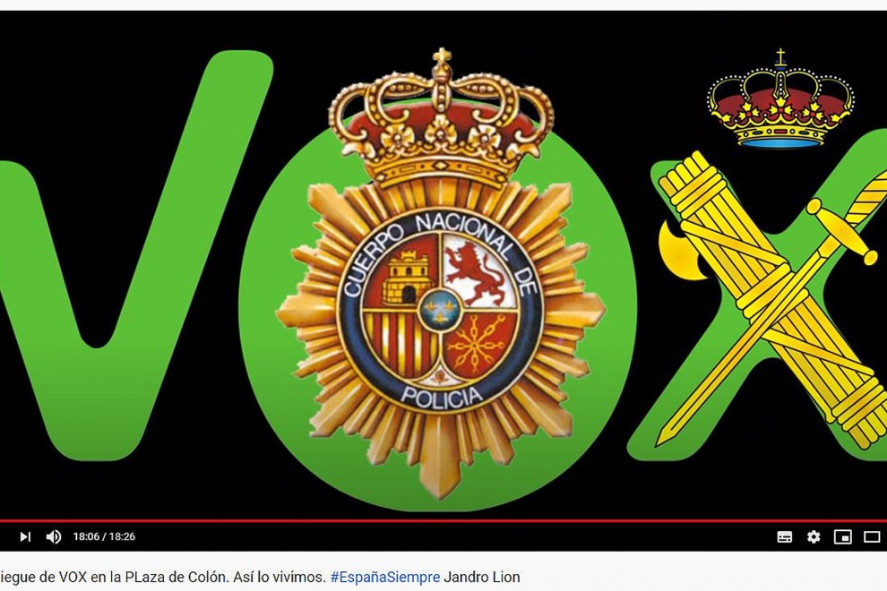 Montaje de los escudos del CNP y la Guardia Civil sobre el logotipo de VOX, fabricado por Jandro Lion para el último vídeo su canal de YouTube.