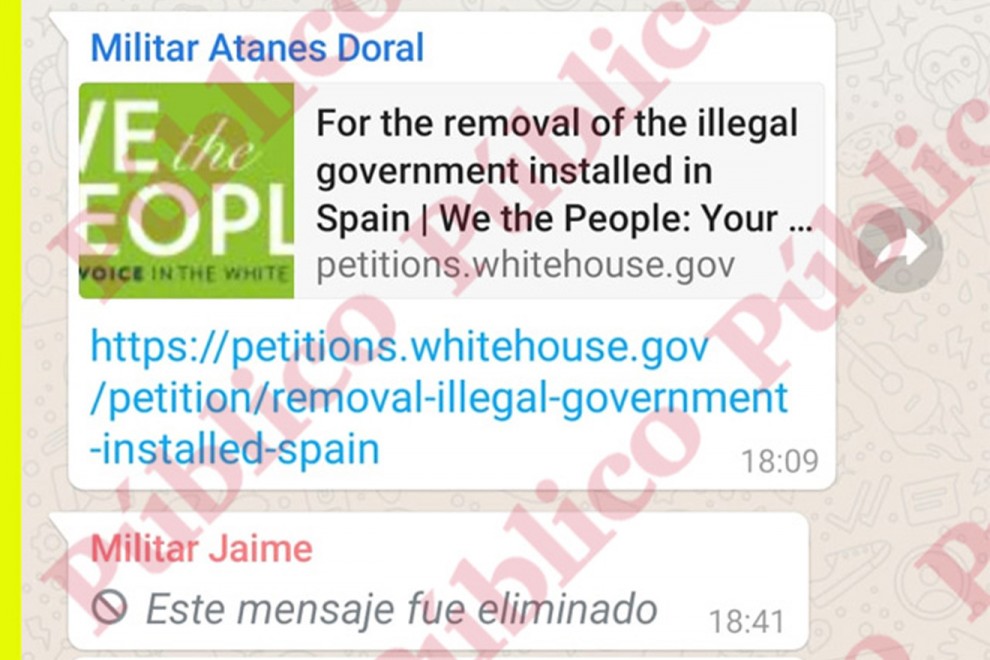 Mensaje en el chat de la IX Promoción de Artillería en el que el subteniente Javier Atanes Doral comparte la petición a la Casa Blanca, que han firmado más de 5.000 personas, pidiendo que el Ejército de EEUU derroque al Gobierno de Sánchez y tome el poder