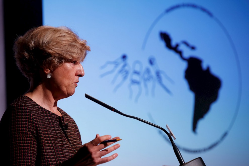 La presidenta de la sección española de Reporteros sin Fronteras, Aurora Mínguez durante la presentación de la V edición del Programa de Acogida de Periodistas de América Latina celebrado este miércoles en la Casa de América en Madrid.