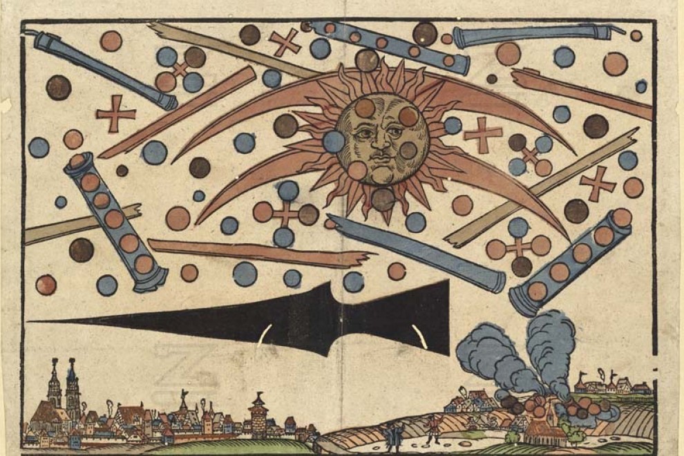 Grabado alemán que refleja un fenómeno acaecido en 1561 en Nuremberg que fue descrito por creyentes de la ufología como una batalla de naves extraterrestres. La Ciencia lo llama 'perro de cielo'