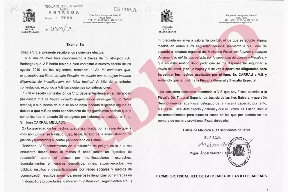 Escrito del fiscal Miguel Ángel Subirán dirigido a la Fiscalía Superior de Balears donde pide explicaciones sobre la falta de investigación acerca del presunto plan para asesinarles a él y al juez Penalva.