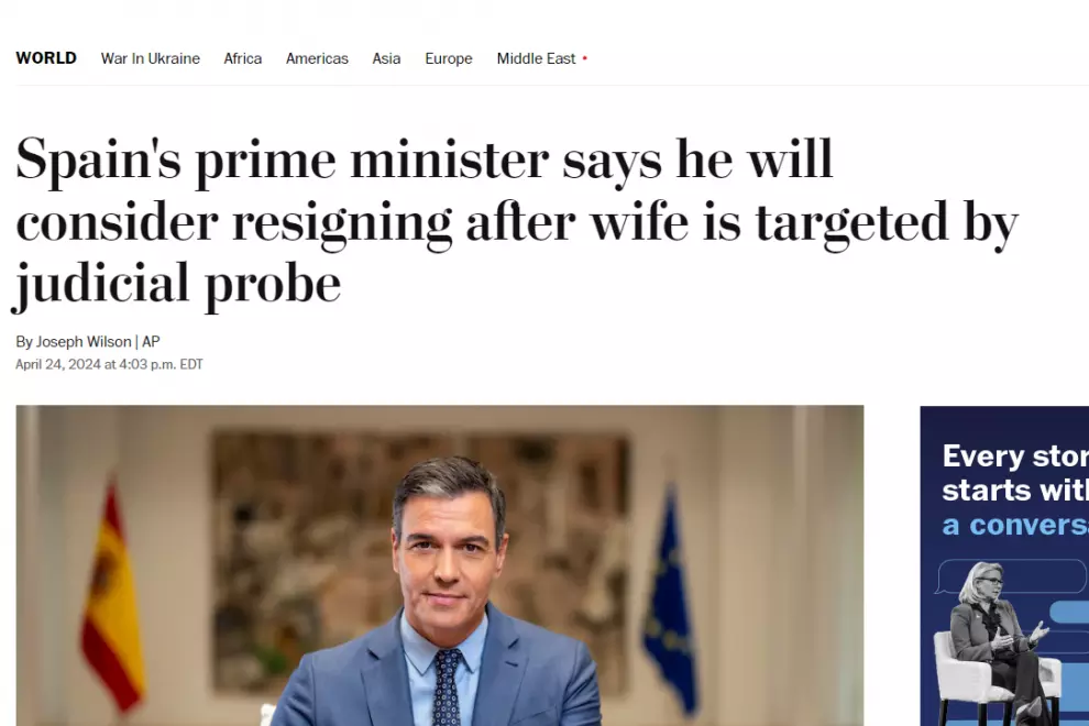 25/04/2024 Noticia publicada este miércoles 24 de abril en el Washington Post sobre la carta de Pedro Sánchez.