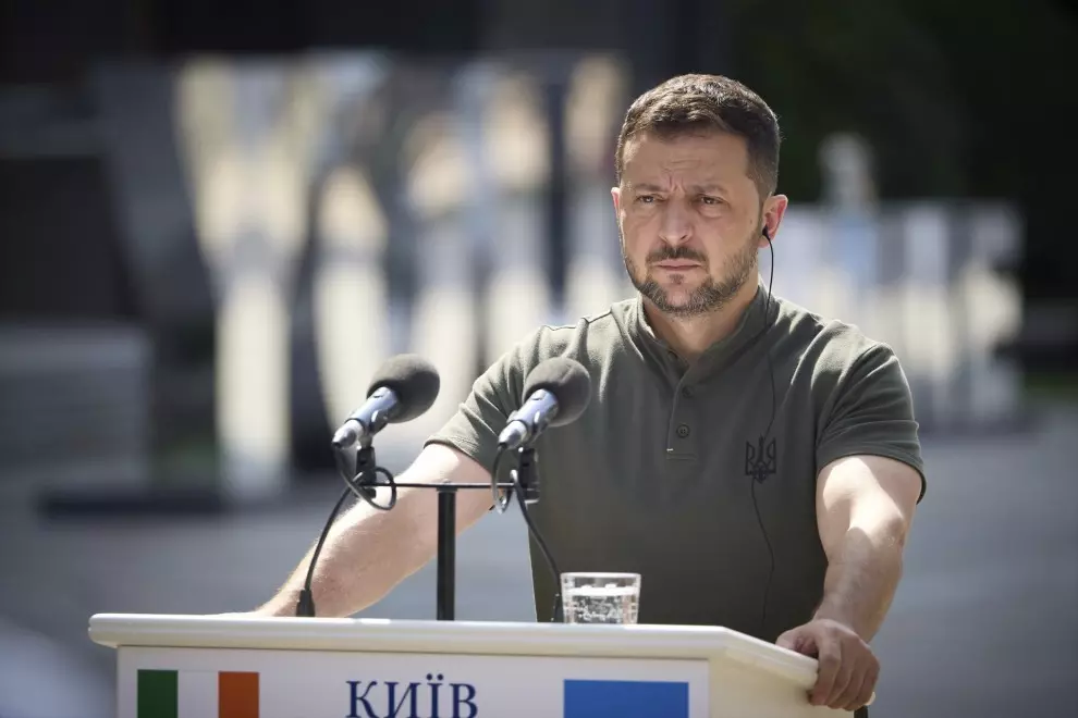 El presidente ucraniano, Volodímir Zelenski, durante una rueda de prensa.