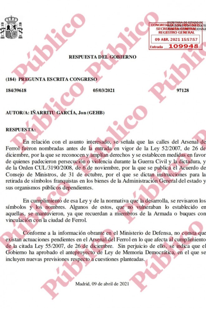 Respuesta del Gobierno sobre el callejero franquista del Arsenal de Ferrol.