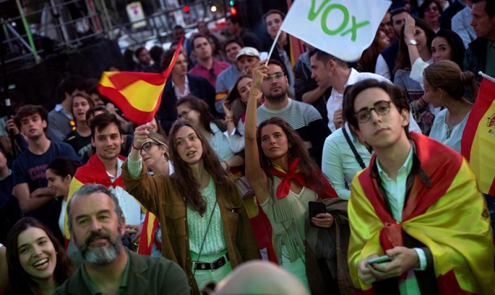 Simpatizantes de VOX en la madrileña Plaza Margaret Thatcher, junto al hotel Fénix, donde celebran la noche electoral. EFE/Juan Carlos Hidalgo