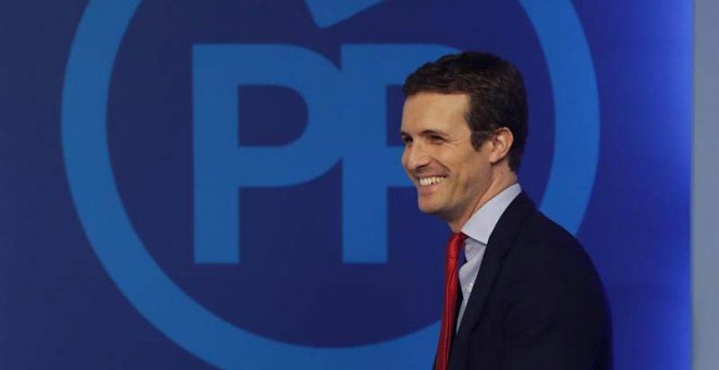 El vicesecretario general del Partido Popular, Pablo Casado, durante la rueda de prensa posterior a la reunión del Comité Ejecutivo nacional del partido consevador. | BALLESTEROS (EFE)