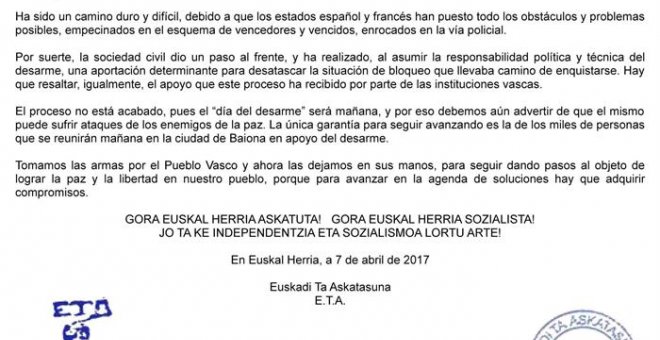 Comunicado que la banda terrorista ETA ha emitido, en el que declara que "ya es una organización desarmada".