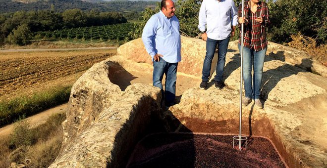 Els germans Porcioles Buixó, davant dels trulls de pedra en què elaboren el seu vi Finca Siós. MÒNICA MOMBIELA