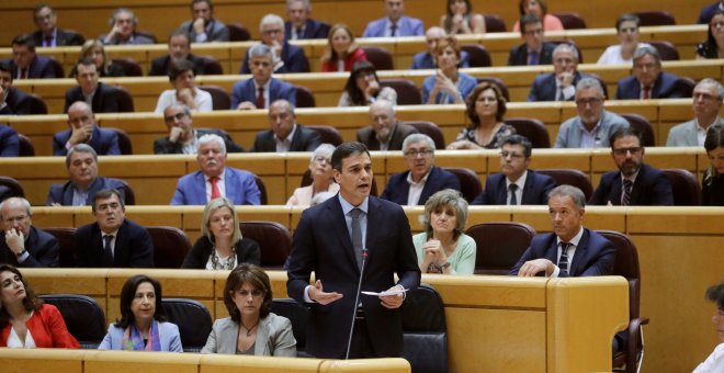 El presidente del Gobierno Pedro Sánchez, durante su intervención en la sesión del pleno del Senado, en Madrid. EFE/Juan Carlos Hidalgo