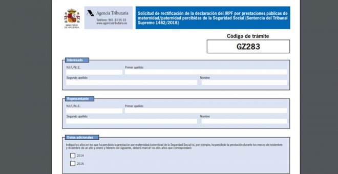 Documento para reclamar la devolución del IRPF por las prestaciones de maternidad y paternidad.