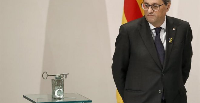 El presidente de la Generalitat, Quim Torra, durante una comparecencia en el Palau. (ANDREU DALMAU | EFE)