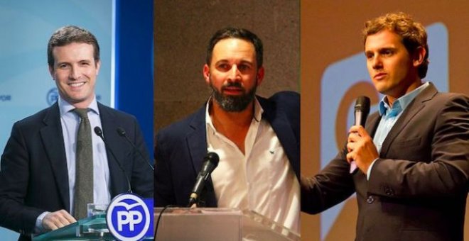 Casado, Abascal y Rivera convocaron y posaron juntos en la manifestación de la derecha en Colón.