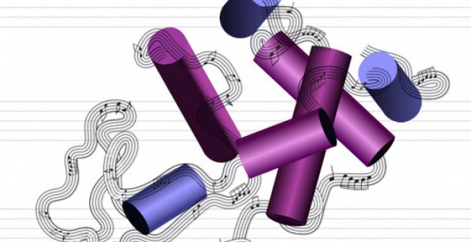 Recreación artística de la estructura de una molécula de proteína en un pasaje musical, como hace el sistema del MIT. / Christine Daniloff, MIT
