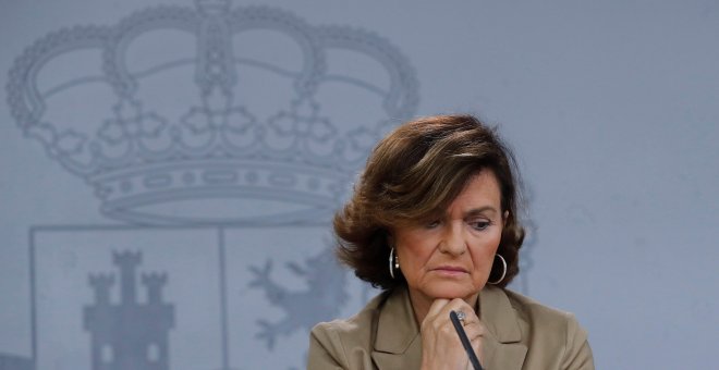 La vicepresidenta del Gobierno en funciones, Carmen Calvo, en la rueda de prensa tras la reunión del Consejo de Ministros en el palacio de La Moncloa en Madrid. EFE/ Juan Carlos Hidalgo