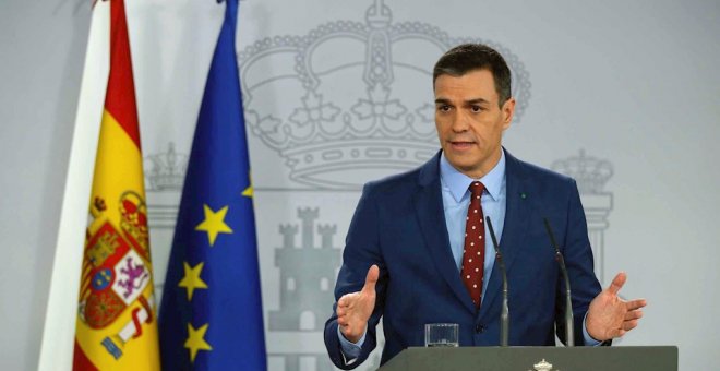 12/01/2020.- El presidente del Gobierno, Pedro Sánchez, en una comparecencia en el Palacio de la Moncloa, ha garantizado el "firme propósito de unidad" de su Ejecutivo de coalición entre el PSOE y Unidas Podemos que "tendrá varias voces, pero una misma pa