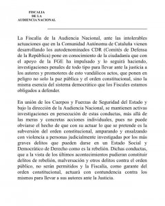 Comunicat de la Fiscalia de l'Audiència Nacional en què anuncia investigacions contra els CDR. | Fiscalia General de l'Estat