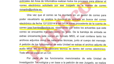 Fragmento del informe de la Unidad Central de Investigación Tecnológica de la Policía sobre el correo electrónico, hoy desaparecido, que Fuentes Gago envió a Martín-Blas con la grabación ilegal a agentes del CNI.