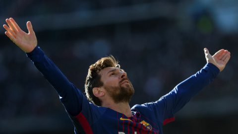 Leo Messi celebra su gol ante el Real Madrid en el Bernabeu./EFE