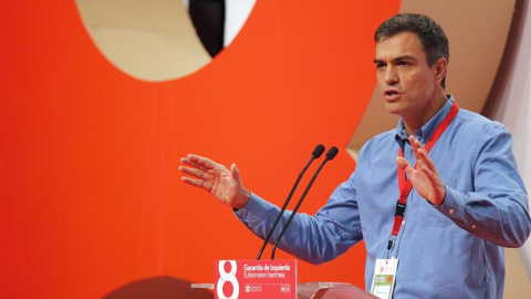 El secretario general del PSOE, Pedro Sánchez, durante su intervención en el VIII Congreso que el PSE-EE celebra este fin de semana en Bilbao. EFE/LUIS TEJIDO