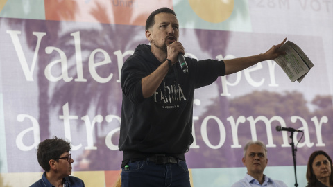 El exvicepresidente del Gobierno y exlíder de Podemos Pablo Iglesias, interviene durante un acto de cierre de campaña de Unides Podem-Esquerra Unida, en València, a 26 de mayo de 2023.