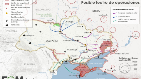 Mapa de las posibles rutas de invasión a Ucrania.